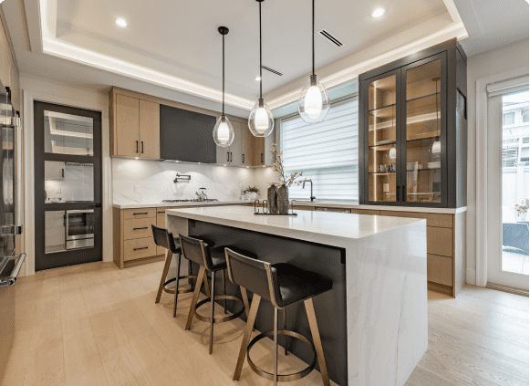 Modern kitchen with island and pendant lights