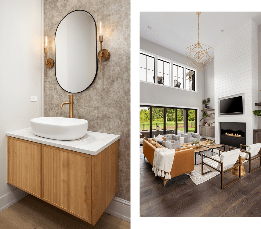 Modern bathroom vanity with oval mirror