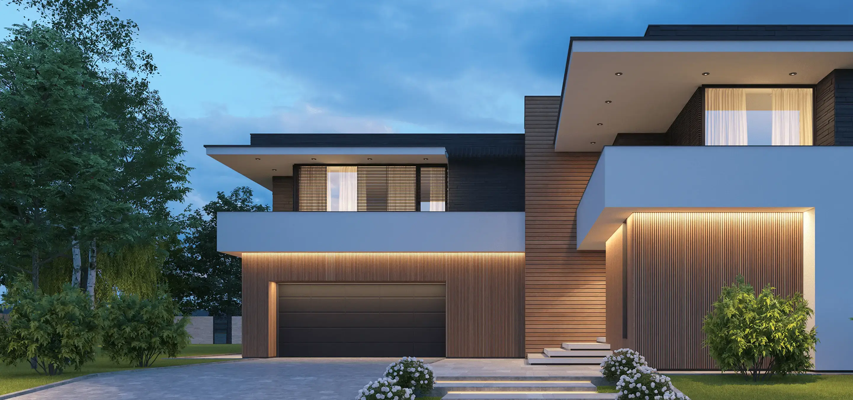 Modern luxury home exterior with wood accents